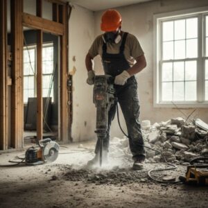 contractor using a jackhammer for demolition