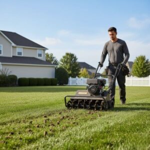 A person using a core aerator machine on a suburban lawn