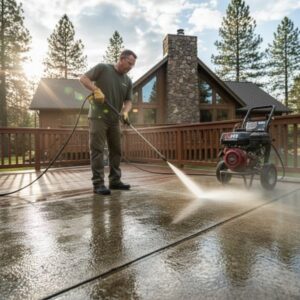 commercial-grade pressure washer being used on an exterior