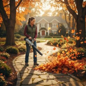 woman using an electric leaf blower on a stone pathway