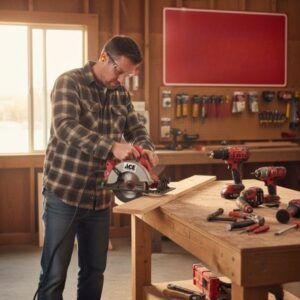 contractor using a drill or circular saw, with other hand tools visible
