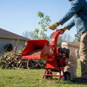 person wearing gloves feeding a branch into a wood chipper