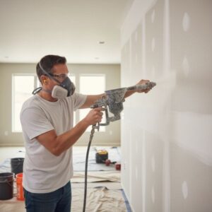 contractor using a texture or paint sprayer for a professional finish