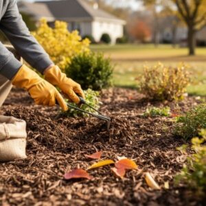 Gloved hands spreading mulch in a garden bed for winter